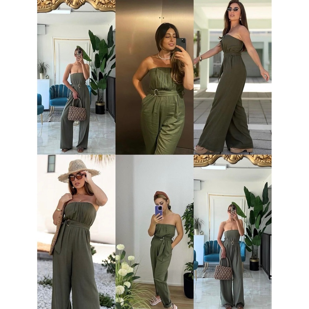 Zara Strapless bandeau linen Blend Jumpsuit Olive Green NEW Belted Leg large